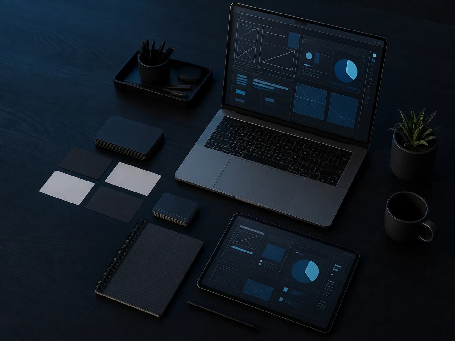A premium digital product planning workspace with abstract interface wireframes